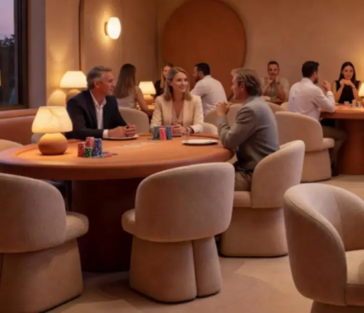Warm Australian restaurant card lounge with sociable tables set for dining and in-person poker