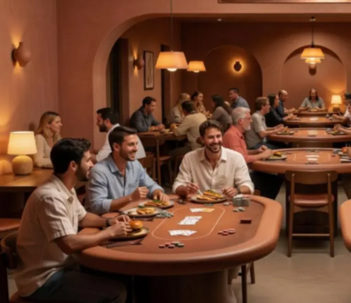 Warm restaurant and card lounge scene at The Copper Chance
