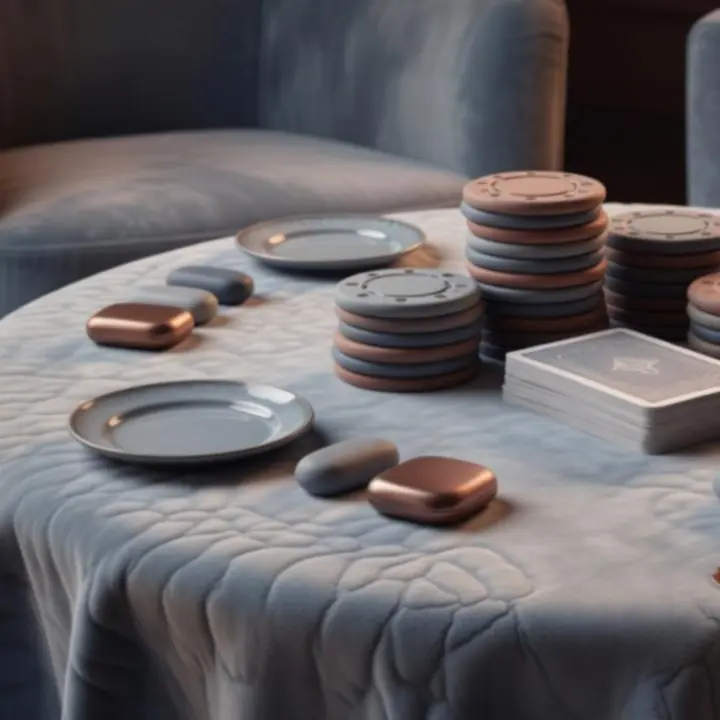 Clay-style poker chips and warm table setting with plates and soft lighting