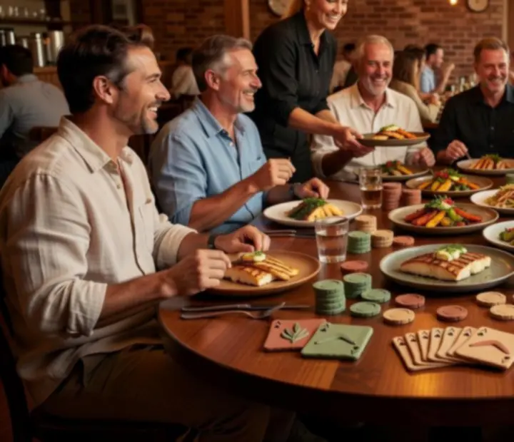 Group enjoying dinner and poker at The Copper Chance with shared platters and cards