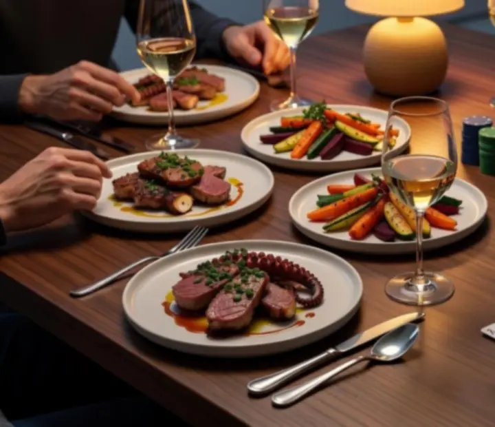 Seasonal dishes and clay-style poker props sharing a softly lit table