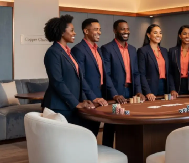 Friendly hosts welcoming guests to The Copper Chance card lounge