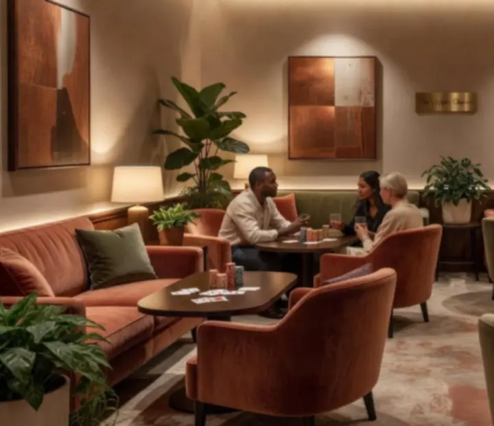 Ambient restaurant lounge at The Copper Chance with warm lighting, artwork and greenery.