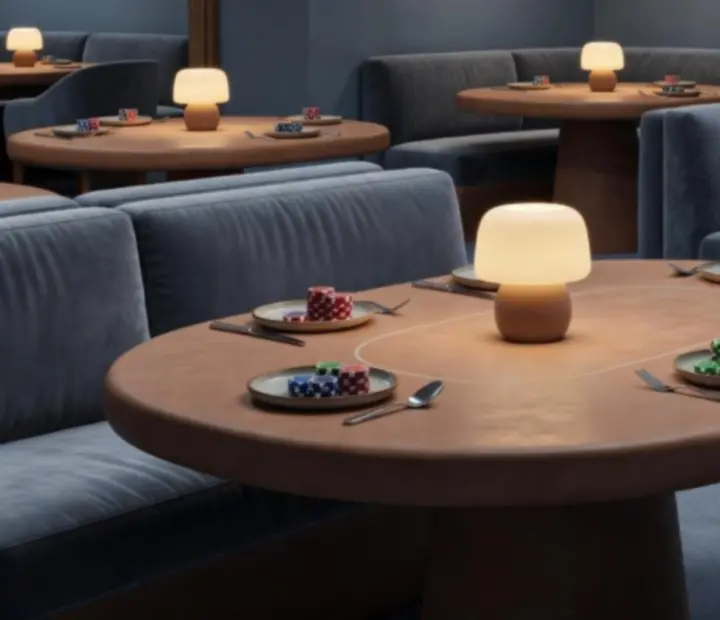 Warm restaurant card lounge with soft lighting and clay poker tables at The Copper Chance.