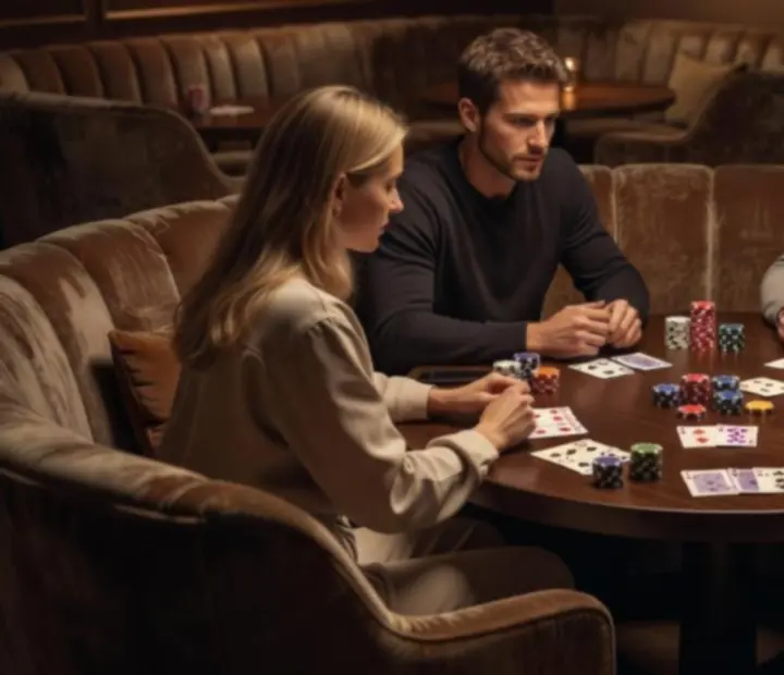 Softly lit offline poker mood with clay-style cards and chips on a lounge table