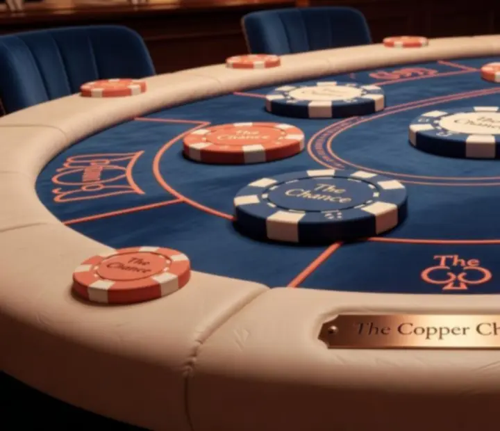 Signature poker table at The Copper Chance with raised edges, blue felt and decorative chips