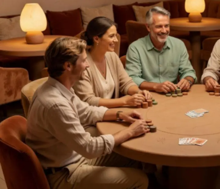 A welcoming clay-style poker table set for a relaxed in-person evening at The Copper Chance